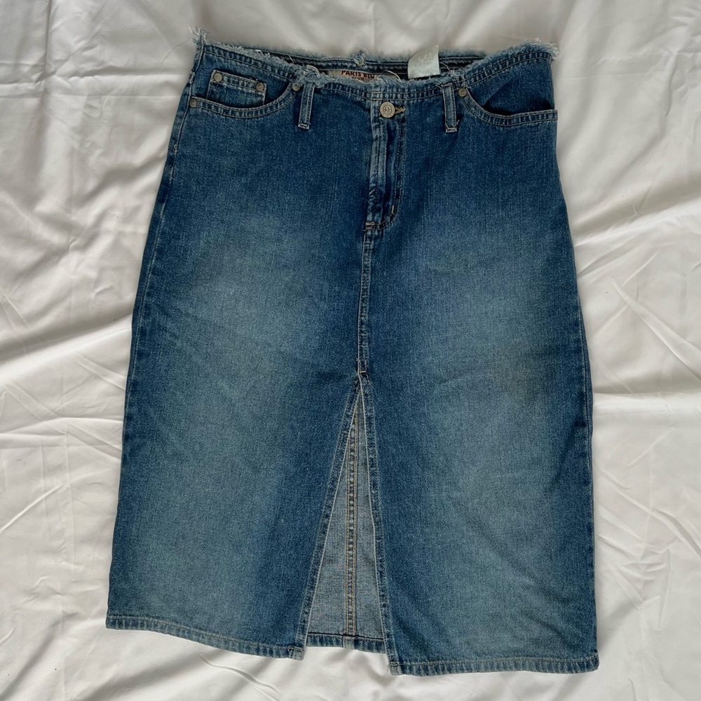 Vintage Paris Blues Denim Midi Skirt with frayed waist